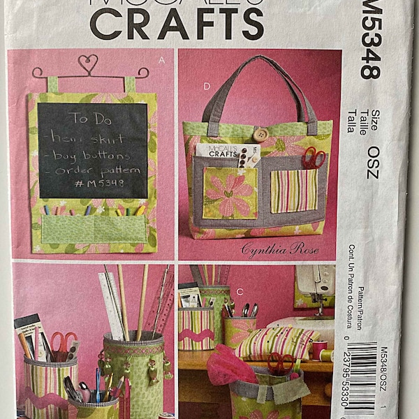 Sewing Organizers Pattern Accessories Cynthia Rose McCall's 5348 Scrap Caddy, Pincushion, Containers, Tote Bag, Chalkboard Fabric Wall UNCUT