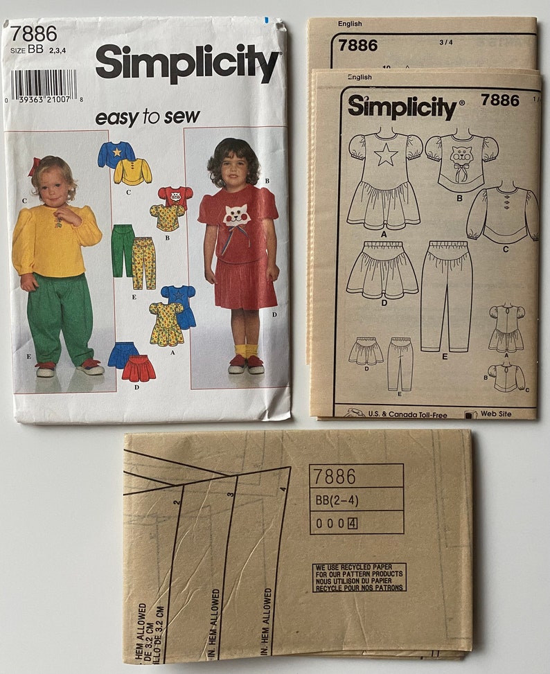 Toddler's, Girls, Children's, Easy To Sew Knit Dress, Top, Skirt, Pants, Cat, Star Appliqués Simplicity 7886 Sewing Pattern UNCUT Size 2-3-4 image 3