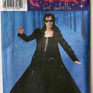 May include: Simplicity costume pattern for adults. The pattern features a long, black coat with a lace-up front, worn by a person wearing sunglasses. The pattern includes sizes 6, 8, 10, and 12.