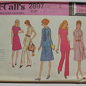 Retro 70&#39;s Misses&#39; Dress or Tunic Top & Pants, Pantsuit McCall&#39;s 2897 Sewing Pattern UNCUT Size 16