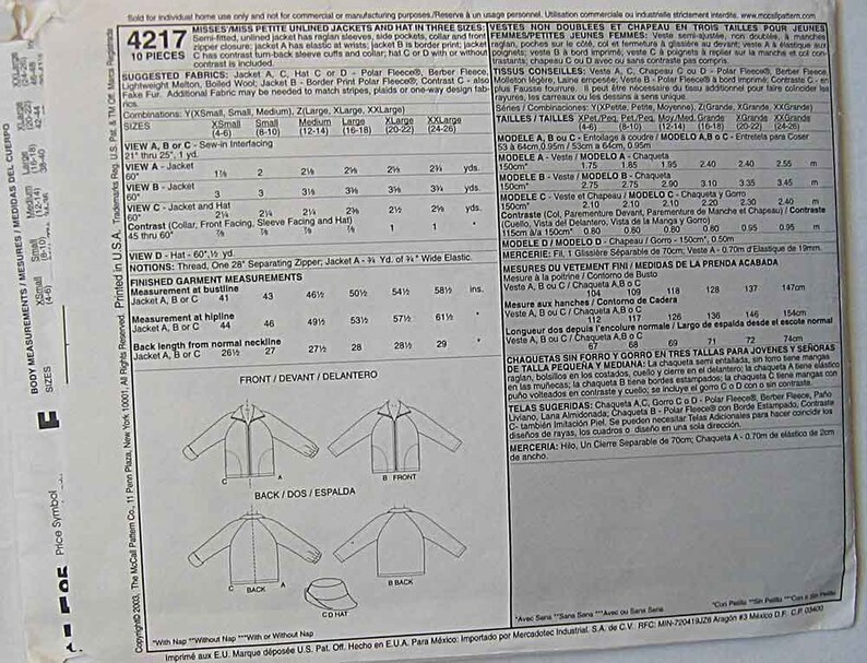 and Hat McCall/'s 4217 Sewing Pattern UNCUT Sizes Large-XL-XXL Misses/' Polar Gear Jackets 16-26