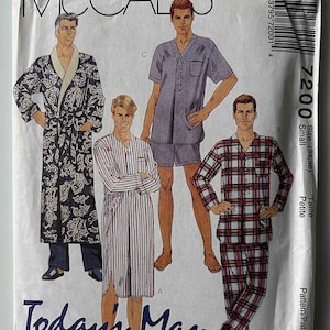 1990&#39;s Men&#39;s Robe, Tie Belt, Nightshirt, Pajamas in 2 Lengths, PJs McCall&#39;s 7200 Sewing Pattern UNCUT Adult Size Small (34-36) Sleepwear
