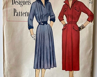 RARE Vintage 1950 Designer's Simplicity 8305 Sewing Pattern Misses' One-Piece Dress with Detachable Collar & Cuffs UNCUT Size 16 Bust 34"