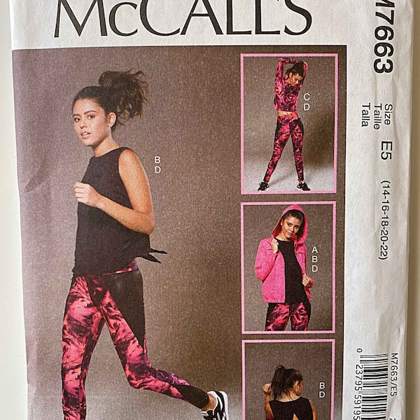 Misses' Hooded Jacket, Tops & Leggings McCalls 7663 Sewing Pattern UNCUT Sizes 14-16-18-20-22 M7663, Knit Fabric Hoodie, Activewear, Jogging