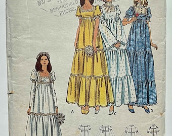 RARE Vintage 70's Boho Empire Waist Tiered Bridal Dress Maxi, Wedding, Bridesmaid Butterick 6961 Sewing Pattern UNCUT Junior Size 9 Bust 32"