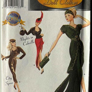May include: Simplicity Series 1 Couturier Doll Clothes sewing pattern. The pattern features illustrations of doll clothing designs, including a long green dress, a black top with a red skirt, and a brown dress. The pattern is marked "One Size".