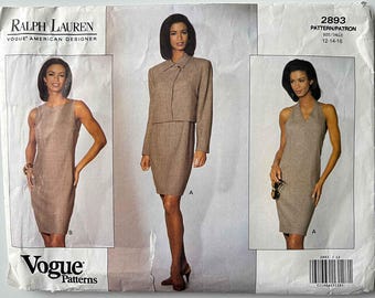 Vintage 90's Misses' Ralph Lauren Jacket & Dress Vogue 2893 Sewing Pattern Sizes 12-14-16 UNCUT, Envelope has Stains, Tears