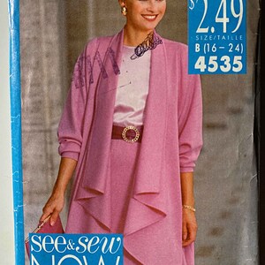 May include: A pink sewing pattern for a jacket and skirt. The pattern is from the See & Sew Now brand and is size B (16-24). The pattern number is 4535.