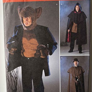 May include: Simplicity pattern 2513 features costume designs. One design shows a werewolf costume with a fur hood and chest piece. Other designs include capes and cloaks. The pattern includes sizes AA XS, S, and M.