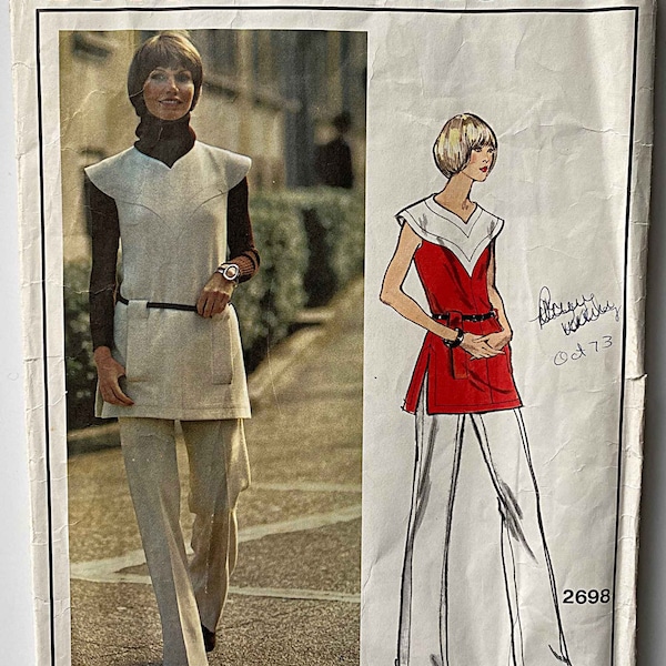 RARE Vintage 70's Paris Original Designer Pierre Cardin Misses' Tunic Top and Pants Vogue 2698 Sewing Pattern UNCUT Size 10