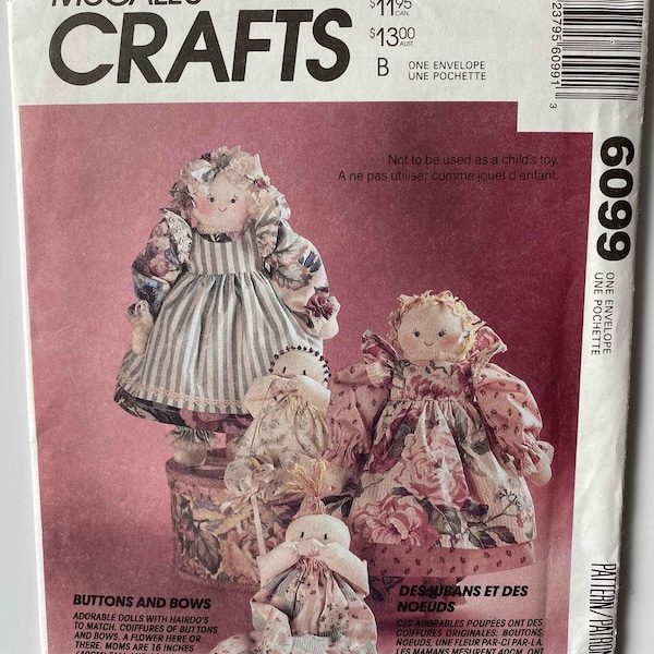 Vintage 90's Country Novelty Hair Dolls & Babies, Buttons and Bows McCall's 6099 Sewing Pattern UNCUT Craft