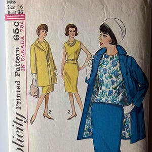 May include: Vintage Simplicity sewing pattern featuring illustrations of women's outfits. The pattern includes a coat, dress, and skirt suit. The pattern is marked "Miss Size 16, Bust 36". The price is 65 cents in the US and 75 cents in Canada.