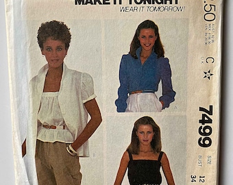 Vintage 80's Misses' Camisole Top & Blouse, McCall's 7499 Sewing Pattern UNCUT Size 12