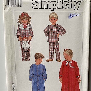 May include: Simplicity sewing pattern number 8325, size 4, for children's pajamas. The pattern includes four different styles: a red and white plaid pajama set with a ruffled collar, a blue and white plaid pajama set, a red quilted robe with a white trim, and a blue robe with a white belt.