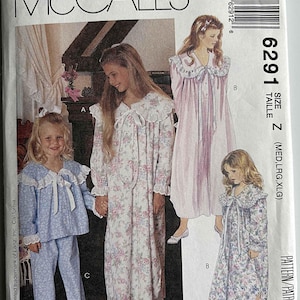 May include: McCall's sewing pattern featuring sleepwear designs. The pattern includes options for a long nightgown, a shorter nightgown, and a pajama set. The designs feature floral prints and lace trim. Size Z (Med, Lrg, Xlg).