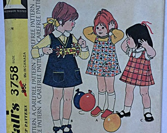 Vintage 70's Child's, Girl's Jumper with Neckline Variations McCall's 3758 Sewing Pattern UNCUT Size 4