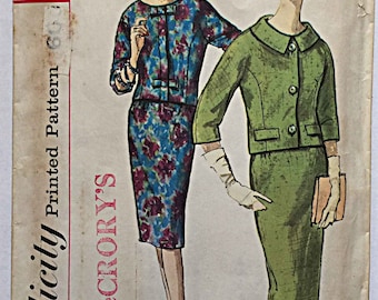 RARE Vintage 60's Misses' Two Piece Suit Dress, Jacket and Slim Skirt with Kick Pleat, Simplicity 3587 Sewing Pattern Size 12 UNCUT