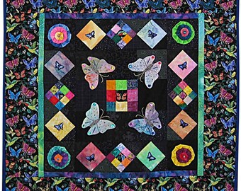 Blossoms and Butterflies Quilt Wall Hanging Pattern by Just Imagine Design, Yo Yo Flowers, Embellished