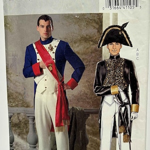 May include: Butterick BP190 sewing pattern featuring two historical costume designs. One design is a blue and white military uniform with a red sash. The other is a black military uniform with gold accents.