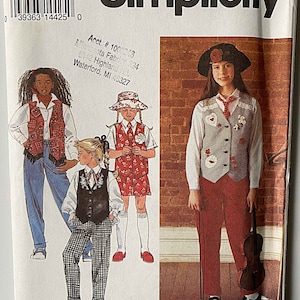 Vintage 90&#39;s Children&#39;s Girl&#39;s Pants or Shorts, Lined Vest, Neck Tie & Brimmed Hat Simplicity 8568 Sewing Pattern UNCUT Sizes 7-8-10