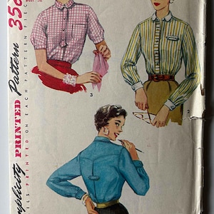 May include: Vintage Simplicity printed sewing pattern 4513. The pattern features illustrations of three different blouses. The pattern includes the size 14, bust 32, and the price 35c. The text "SIMPLE TO MAKE" is also visible.
