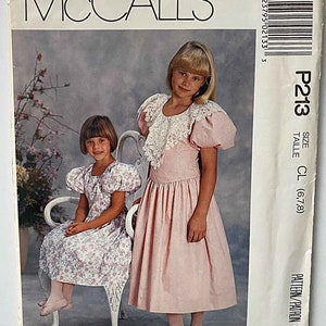 Vintage Children&#39;s Girls&#39; Dress Puffy Sleeves Lace Collar McCall&#39;s P213 Sewing Pattern UNCUT Sizes 6-7-8, Fancy Party Dress, Holiday, Easter