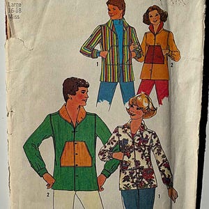 May include: Vintage Simplicity sewing pattern featuring illustrations of jackets. The pattern includes a striped jacket, a solid green jacket with an orange pocket, a floral print jacket, and a solid orange jacket with a red pocket. The pattern is for sizes 16-18.