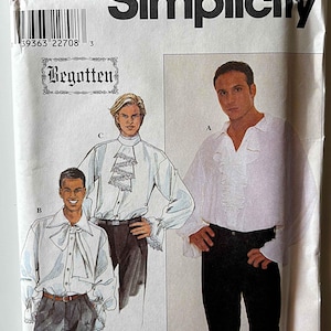 May include: Simplicity sewing pattern 8615 featuring illustrations of men's shirts with ruffled details. The pattern includes sizes AA 38, 40, 42, and 44. The word "Begotten" is also visible.