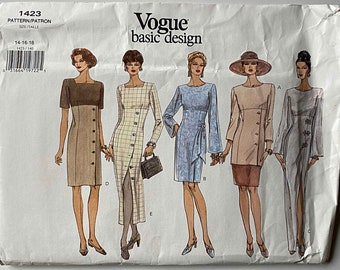 RARE Vintage 90's Basic Design Dress, Tunic & Skirt Vogue 1423 Sewing Pattern American Designer UNCUT Sizes 14-16-18, Color Block, Gown