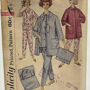 May include: Vintage Simplicity sewing pattern 184. The pattern features illustrations of women's sleepwear, including pajamas and a robe. The cover shows a gray polka-dot pajama set, a floral pajama set, and a red robe. The price is 60 cents.