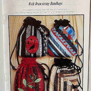May include: Four drawstring bags made from fabric scraps. The bags are in various colors and patterns, including red, blue, black, white, and brown. The bags are 12 inches by 15 inches. The image includes the text "Slash your Stash" and "Chickadee Creek Designs".