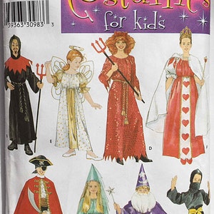 May include: Simplicity costume pattern for kids, featuring various costume designs. Includes a devil, angel, queen, pirate, wizard, and ninja. The costumes are in various colors, including red, black, and purple.