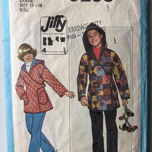May include: Vintage Simplicity sewing pattern 8286 for girls' coats. The pattern features illustrations of two girls wearing coats. One coat is red with a diamond pattern, and the other is a patchwork design. The pattern includes the text "Jiffy easy cut easy sew".