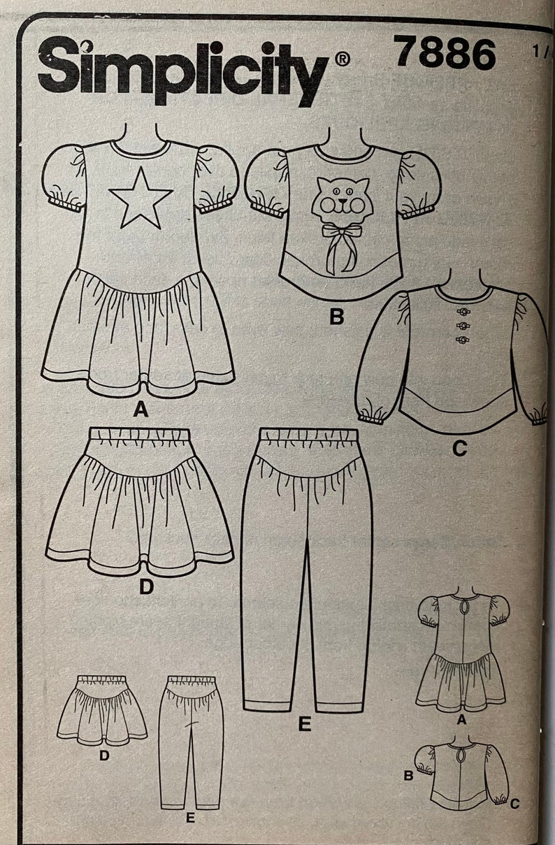 Toddler's, Girls, Children's, Easy To Sew Knit Dress, Top, Skirt, Pants, Cat, Star Appliqués Simplicity 7886 Sewing Pattern UNCUT Size 2-3-4 image 4