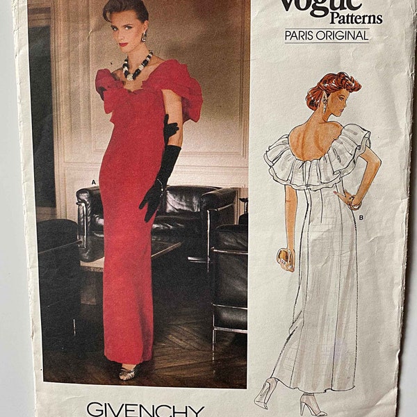 Vintage 80's Givenchy Misses' Dress, Off Shoulder Ruffle Gown, Maxi Vogue 1374 Sewing Pattern Size 8 UNCUT Peasant