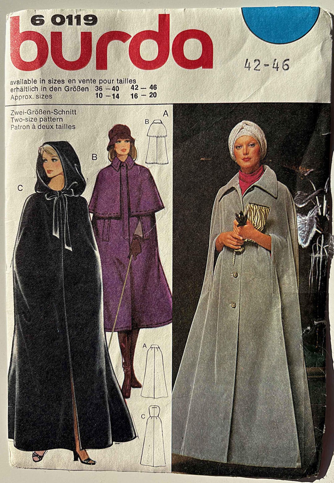 RARE Vintage 70's Misses' Capes in 2 Lengths Burda 6 0119 Sewing ...