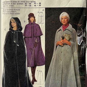 May include: Vintage Burda sewing pattern featuring cape designs. The cover shows illustrations of capes in black, purple, and gray. The pattern includes sizes 10-20 and 42-46. The Burda logo is in red.
