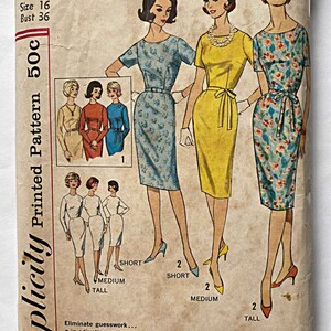 May include: Vintage Simplicity pattern 4252 for a size 16 Miss with a 36-inch bust. The pattern features illustrations of dresses in various styles, including a blue floral dress, a yellow dress, and a floral dress. The pattern includes instructions for short, medium, and tall sizes.