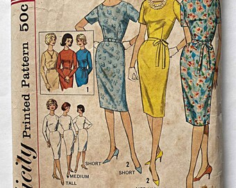 May include: Vintage Simplicity pattern 4252 for a size 16 Miss with a 36-inch bust. The pattern features illustrations of dresses in various styles, including a blue floral dress, a yellow dress, and a floral dress. The pattern includes instructions for short, medium, and tall sizes.