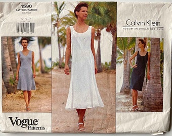 RARE Vintage 90's Designer Calvin Klein Misses' Summer Dress Vogue 1590 Sewing Pattern UNCUT Sizes 12-14-16