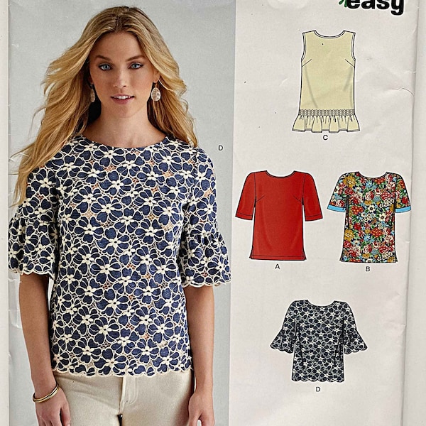 Misses' Easy Tops New Look 6434 Sewing Pattern UNCUT Sizes 10-22, Scallop Edge, Ruffle, Sleeveless, Short Sleeve, Casual