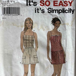 May include: A Simplicity sewing pattern envelope 9288, size A 6-16, featuring illustrations of two outfits. One shows a plaid top with matching shorts, the other a floral camisole with a skirt. The text reads It's SO EASY it's Simplicity.