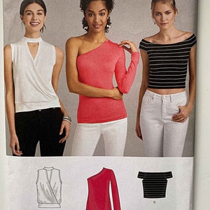 Misses&#39; Knit Tops Simplicity 8386 Sewing Pattern UNCUT Sizes 12-14-16-18-20, Off Shoulder, Cold Shoulder, Sleeveless, Midriff Top D0666
