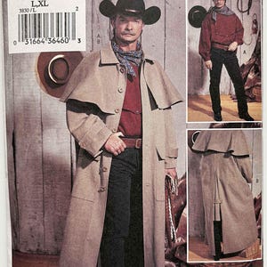 May include: A vintage Butterick sewing pattern, size L/XL, featuring a cowboy-style coat and shirt. The pattern includes multiple views of the coat, showcasing its design and details. The cover art displays a man wearing the coat and a cowboy hat.