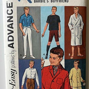 May include: Vintage sewing pattern for Ken, Barbie's boyfriend, featuring six different outfit designs. The cover art shows illustrations of Ken in various outfits, including a blazer, pajamas, and casual wear. The pattern is from Mattel, Inc.