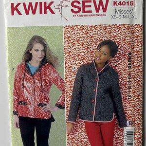 May include: Kwik Sew pattern K4015 for misses sizes XS-XL. The envelope displays two jacket styles: a red hooded jacket with white polka dots and black trim, and a dark quilted jacket with a button front, pink piping, and a rounded hemline.