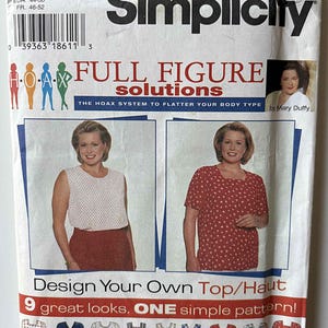 May include: A Simplicity 7034 sewing pattern envelope for full figure tops. The white paper package features the text Full Figure Solutions, a barcode, and illustrations of nine different top styles including sleeveless, short-sleeve, and patterned designs.