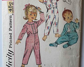 Vintage Toddler's, Children's Footed Pajamas, Sleeper Simplicity 4535 Sewing Pattern CUT/Complete Size 2 with Bunny Appliqué Transfer