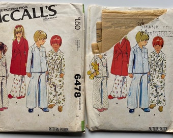 Group of 2 Patterns Vintage 70's Children's, Boy's, Girl's, Robe and Pajamas, PJs, McCalls 6478 Sewing Patterns Sizes 2 and 3