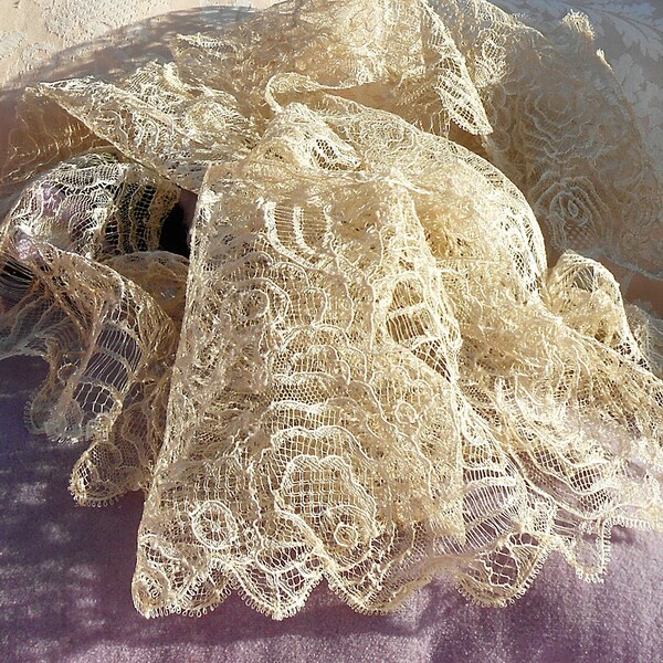 Atnique Blonde Silk Lace Victorian Dress Antique Chantilly Lace Trim